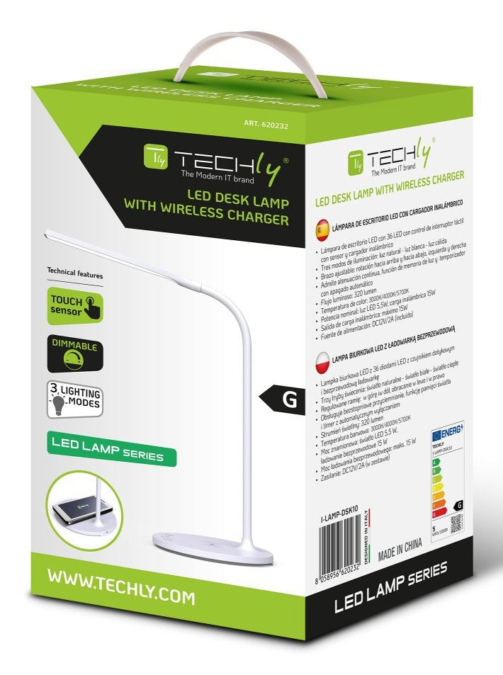 Techly I-Lamp-Dsk10 Lámpara Led De Escritorio Táctil De 5.5w Con Cargador Qi De 15w