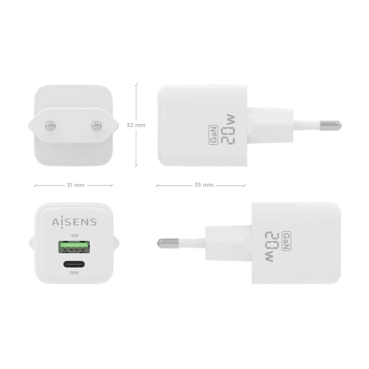 Aisens Cargador Gan 20w - 1xusb-C Pd3.0 Qc4.0 - 1xusb-A Qc3.0 - Blanco