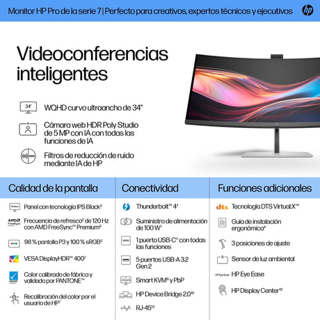EAN 5715063748954 - HP Series 7 Pro 34 inch WQHD Conferencing Monitor - 734pm pantalla para PC 86,4 cm (34") 3440 x 1440 Pixe imagen 3