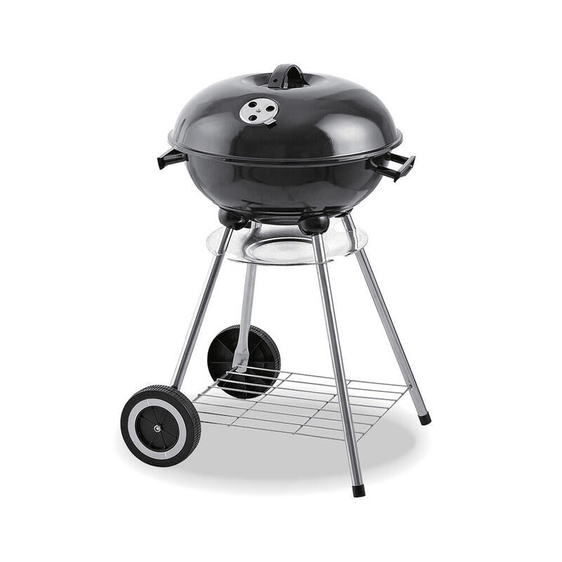 Barbacoa Metalica Negra De Pie Con Tapa Y Ruedas Ø41x70cm.