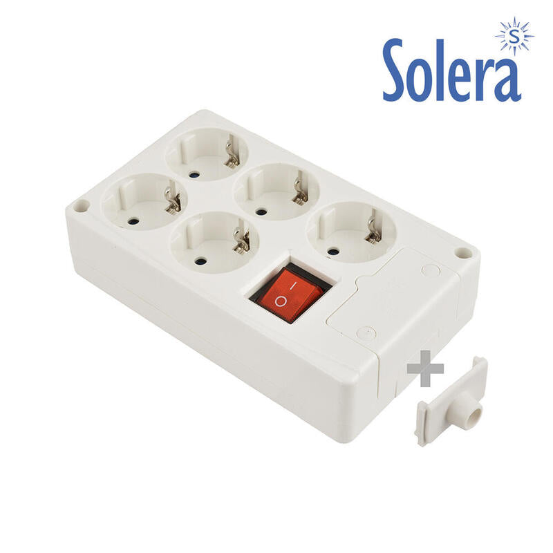 Base Bipolar 5 Tomas Con T/T Lateral 16a 250v Blanco + Interruptor Luminoso Solera 8105il