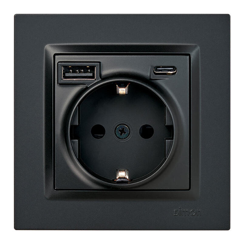 Base Enchufe Schuko + Usb A + C 10,5 W 16 A 250 V~, Simon 10, Negro