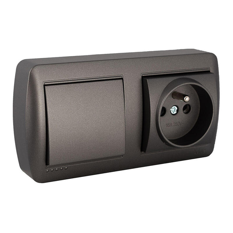 Base Fija 2p+T 16a 250v~ + Conmutador / Interruptor 10ax 250v~. De Superficie. Serie Mural