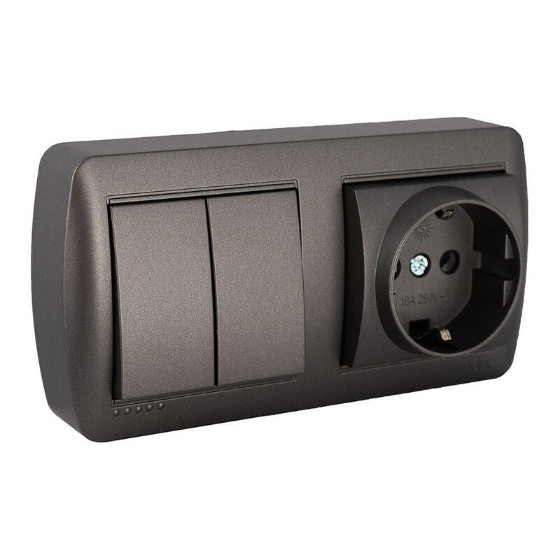 Base Fija 2p+T, 16a 250v~ + Doble Conmutador / Interruptor 10ax 250v~. De Superficie. Serie Mural