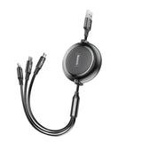 Baseus Data Cable 3 In 1 Retrattile Micro Usb, Lightning, Type-C 3.5a 1.2mt Golden Loop Black Camlt-Jh01