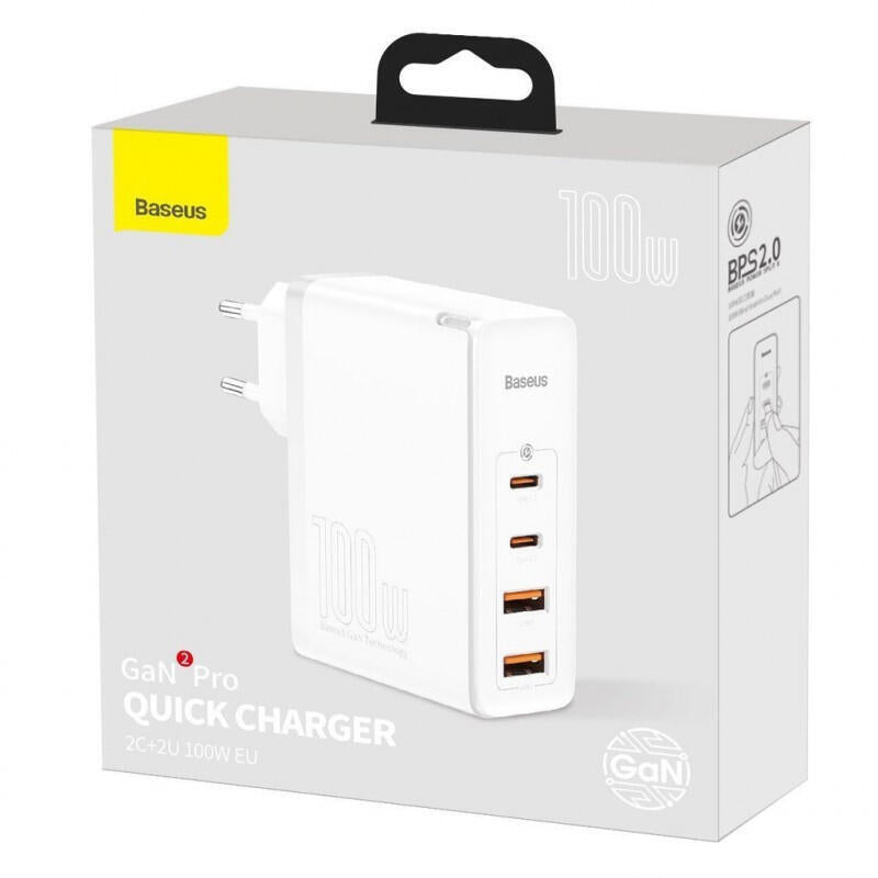 Baseus Gan2 Pro Rychlonabíjecí Adaptér 2x Type-C + 2x Usb-A 100w Bílá
