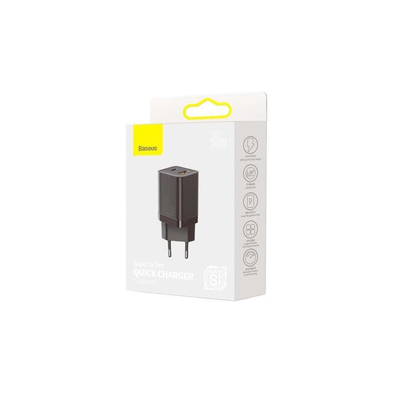 Baseus Travel Charger Super Si Pro Mini Fast Charger, C+U, Pd 3.0, Qc 3.0 30w Eu Black (Ccsupp-E01)