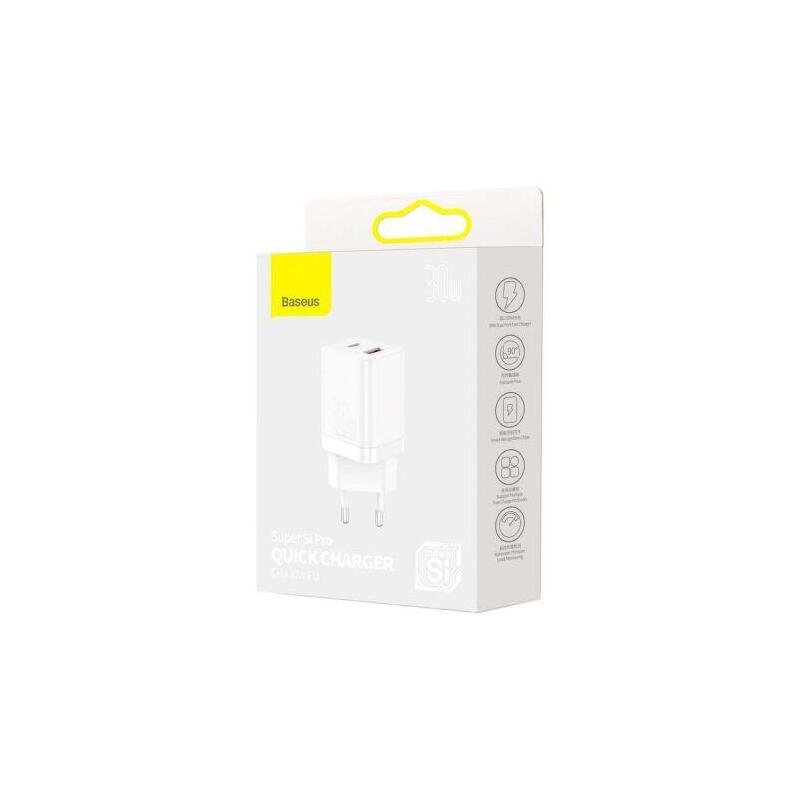 Baseus Travel Charger Super Si Pro Mini Fast Charger, C+U, Pd 3.0, Qc 3.0 30w Eu White (Ccsupp-E02)