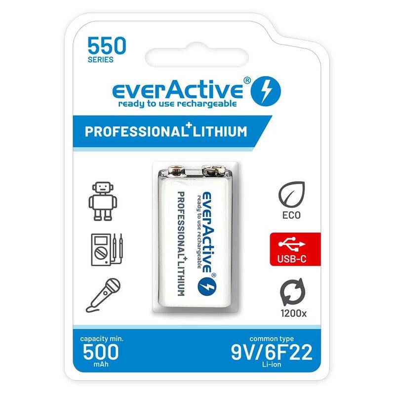 Batería Everactive 6f22/9v Li-Ion 550 Mah Con Usb Tipo C