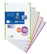 Oxford Recambio 200 + 50 Hojas A4 Microperforadas 4 Cuadrícula 5x5mm 90gr 5 Bandas Colores Vivos