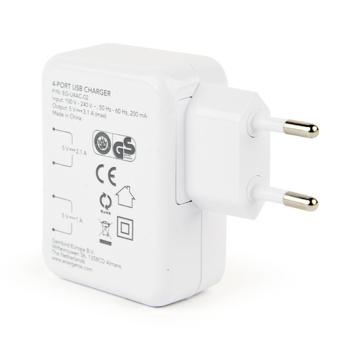 Gembird Cargador Usb Universal, 3.1 A, 4 Puertos Blanco