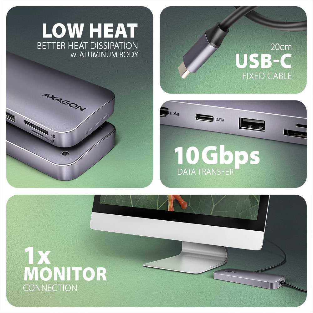 Hub Axagon Hmc-6gm2 Multiport Usb-C 3.1, M.2-Nvme/Sata, Hdmi, Gbit-Lan, 1x Usb-A, 1x Usb-C, Cr