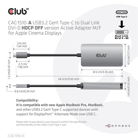 EAN 8719214471651 - CLUB3D CAC-1510-A adaptador de cable de vídeo 0,25 m USB Tipo C DVI Gris imagen 6