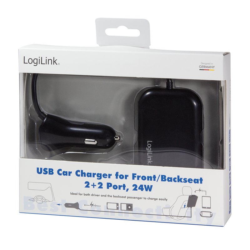 Logilink Usb Car Charger, 2+2 Port, 24w, Negro