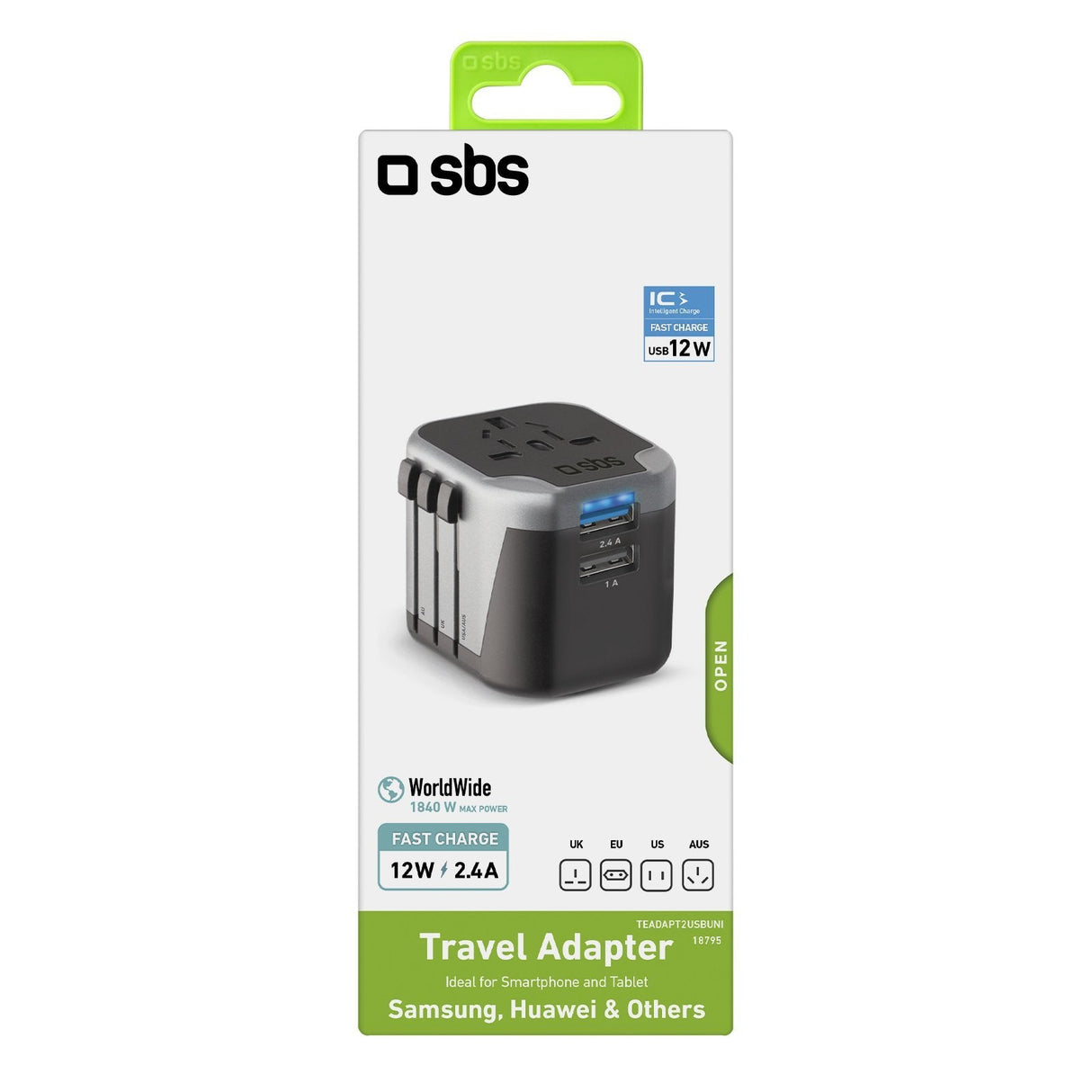 Sbs International Travel Adaptador Universal, X2 Usb 2.1 A, Negro Color
