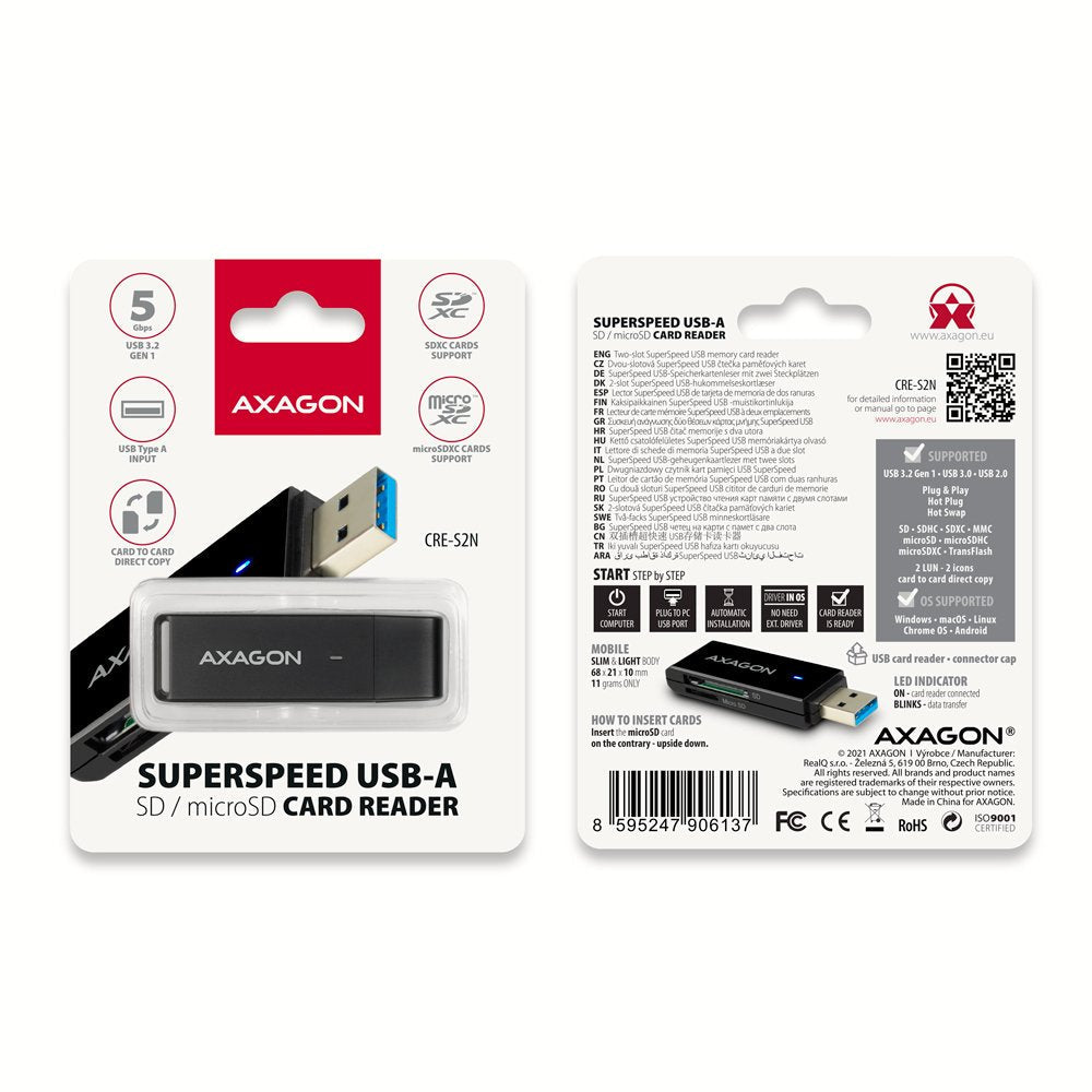 Lector De Tarjetas Interno Axagon Cre-S2n Usb-A 3.2 Gen 1, Sd, Microsd - Negro