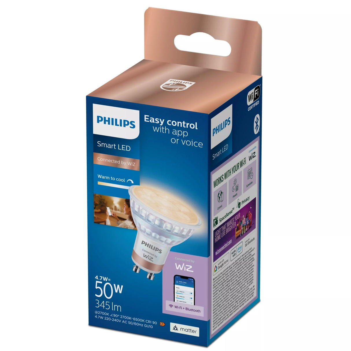 Bombilla Led Gu10 4,7w 2.700k-6.500k 345lm Wifi Philips Wiz