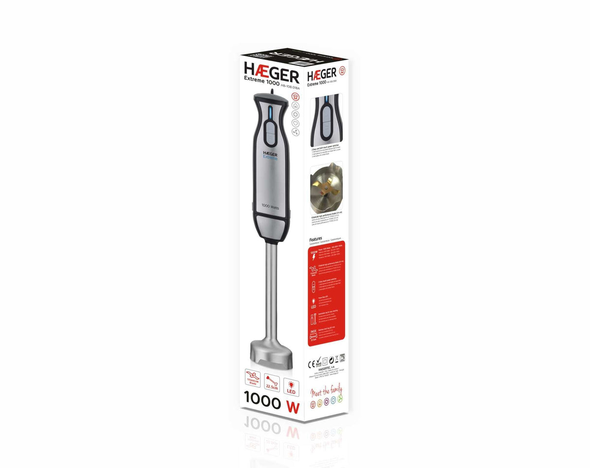 Batidora Haeger Extreme 1000w 2 Interruptores Toque Fácil Función Turbo Bajo Ruido Eje Desmontable Pie Acero Inox Hoja Titanio 5cm