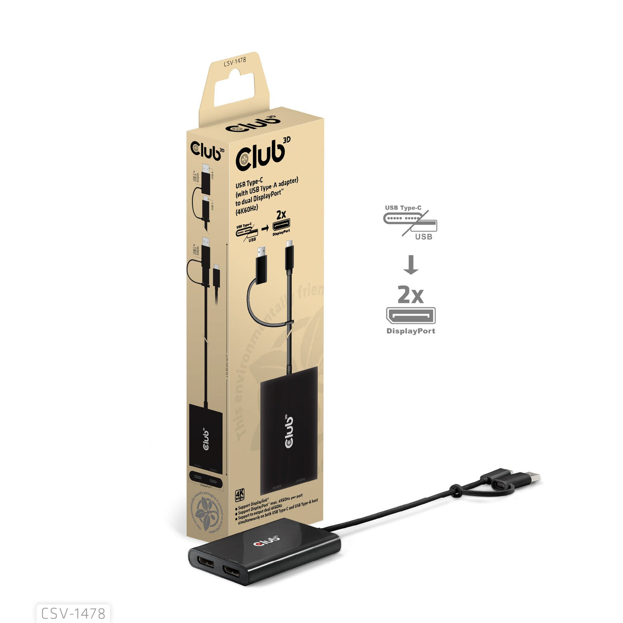 EAN 8719214472993 - CLUB3D CSV-1478 divisor de video USB Tipo C 2x DisplayPort imagen 2