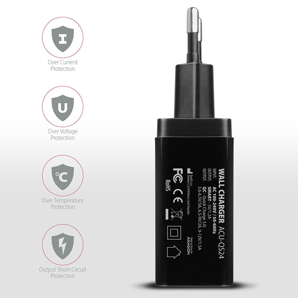 Axagon Acu-Qs24, Cargador De Red RãPido E Inteligente, 2x Puerto Usb Qc3.0 / Afc / Fcp + 5v-1.2a, 24w