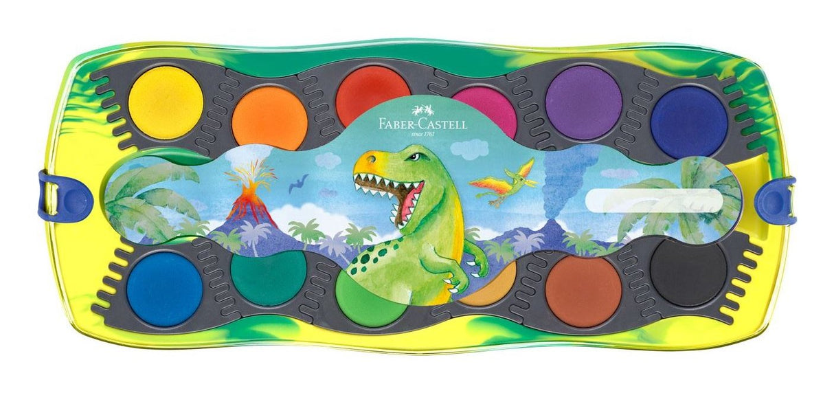 Faber-Castell Connector Dinosaurio Pack De 12 Acuarelas En Pastilla + Pintura Blanca Opaca + Pegatinas - Gran Opacidad