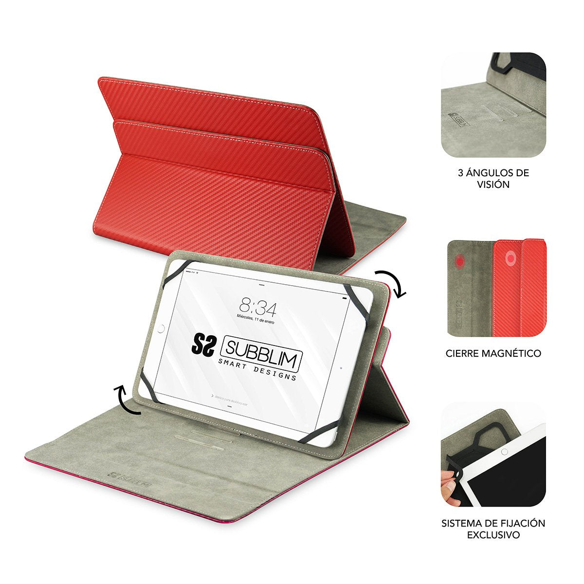 Funda Universal Subblim Rotate 360º Para Tablet Hasta 10.1'/25.6cm Red Rotación 360º Interior Aterciopelado Sistema Cierre Solapa Magnética