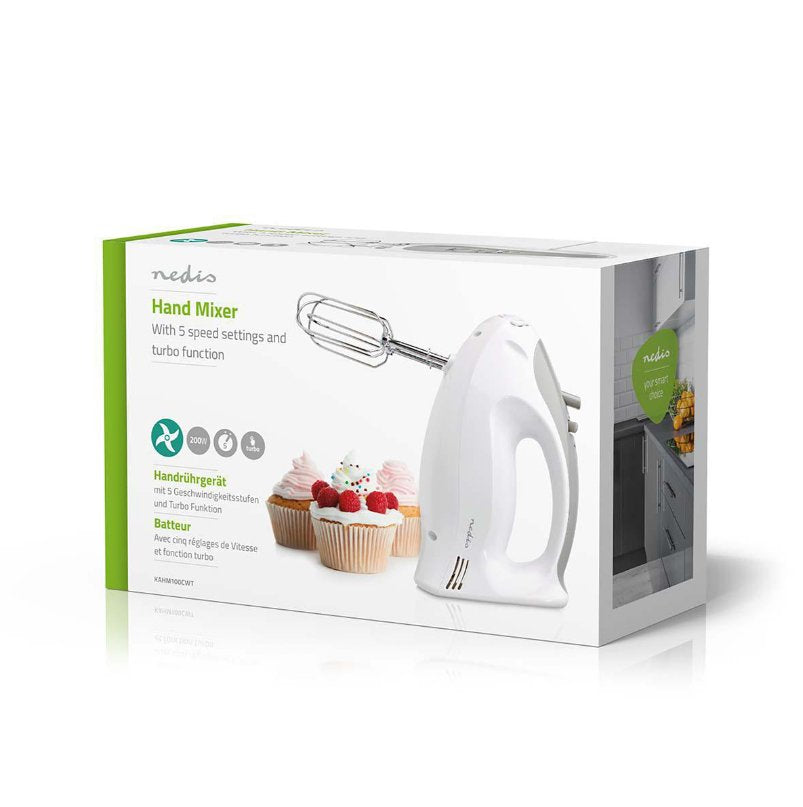 Nedis Batidora Mezcladora  200 W  5 Ajustes De Velocidad  Funcion Turbo   Blanco / Gris