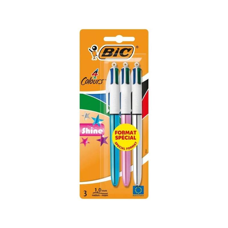 Bic 4 Colours Shine Pack De 3 Boligrafos De Bola Retractil - Punta De 1mm - Trazo De 0.4mm - Tinta Con Base De Aceite -