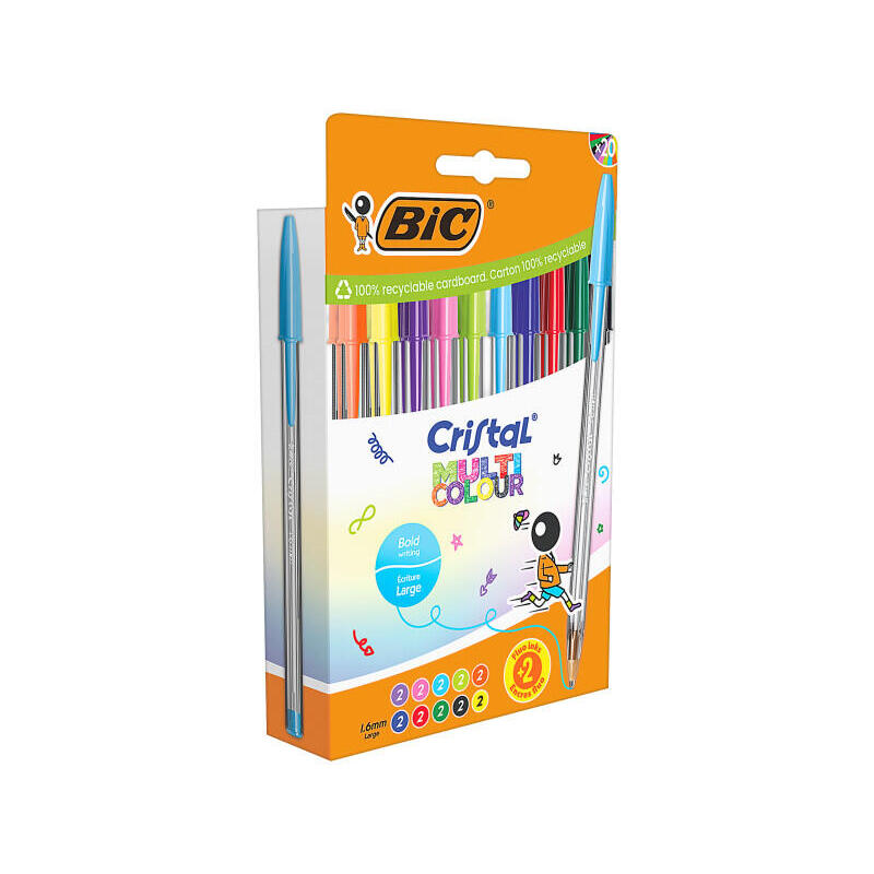 Bic Cristal Multicolour Pack De 20 Boligrafos De Bola - Punta 1.6mm - Trazo 0.42mm - Tinta Con Base De Aceite - Colores