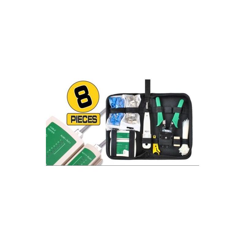 Bolsa De Herramientas Para Mantenimiento De Red Con 8 Piezas. Incluye Alicates De Crimpado De Cable De Red Rj45, Pelacables De Red Y Alicates De Inserción Lsa. También Dispone De 100 Pinzas, 20 Protectores Rj45, 20 Enchufes Rj45 Y Un Adapta