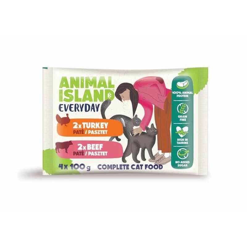 Bolsas De Carne De Res/Pavo De Animal Island Para Gatos, 4 X 100 G.