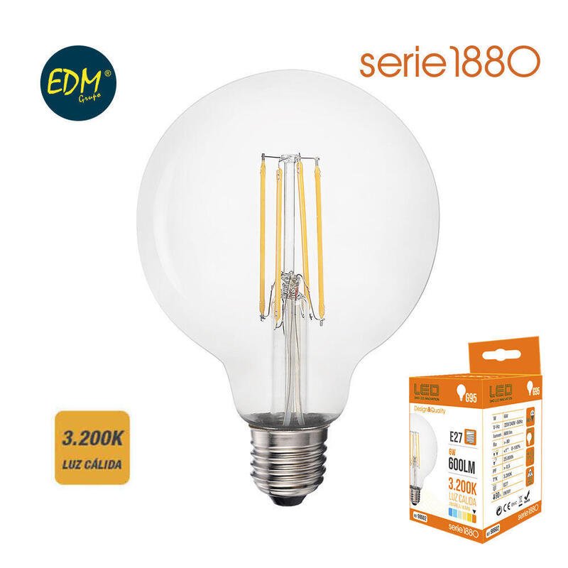 Bombilla De Globo Con Filamento De Led E27 6w 800lm 3200k Luz Calida Ø9,5x14,5cm Edm