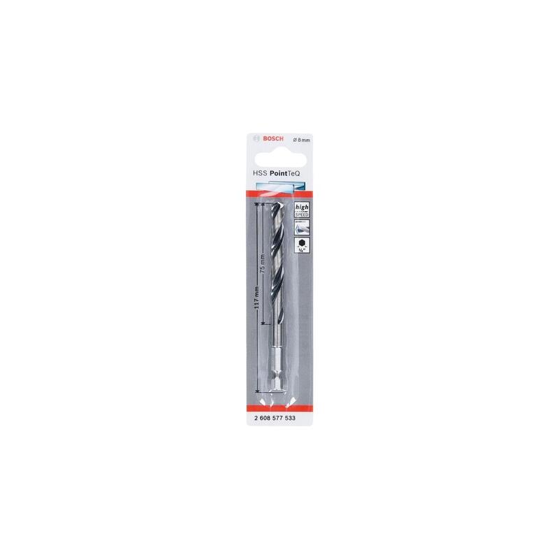 Bosch Professional Broca Helicoidal Hss Pointteq Hexagonal, Ø 8 Mm, Longitud Útil 75 Mm 2608577533