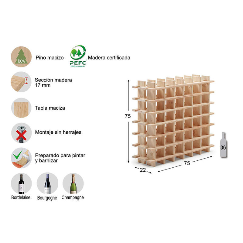 Botellero Evolutivo Rioja Para 36 Botellas Pino Macizo 75x22x75cm Astigarraga