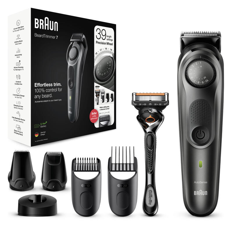 Braun Barttrimmer 7, Trimmer/Haarschneider Herren, Haarschneidemaschine, Fã¼r Gesichts- Und Kopfhaare, Lebenslang Scharfe Klingen, 39 Lã¤Ngeneinstellungen, Bt7340, Schwarz/Grau-Metallic