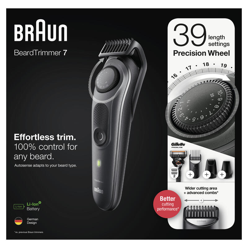 Braun Barttrimmer 7, Trimmer/Haarschneider Herren, Haarschneidemaschine, Fã¼r Gesichts- Und Kopfhaare, Lebenslang Scharfe Klingen, 39 Lã¤Ngeneinstellungen, Bt7340, Schwarz/Grau-Metallic