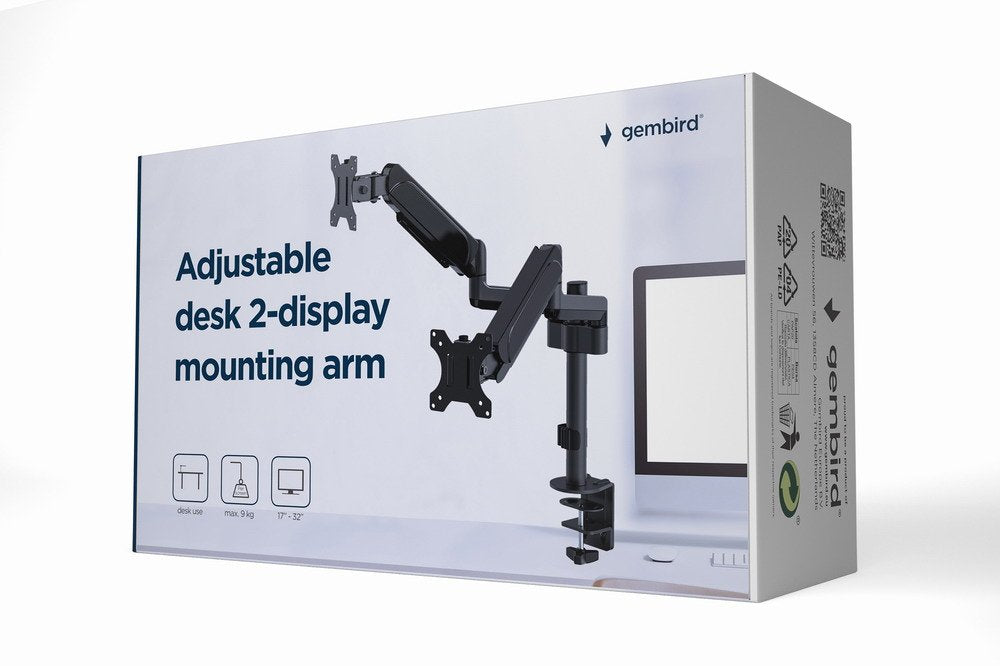 Gembird Ma-Da2p-01 Adjustable Desk 2-Display Mounting Arm 17-32" Up To 9 Kg