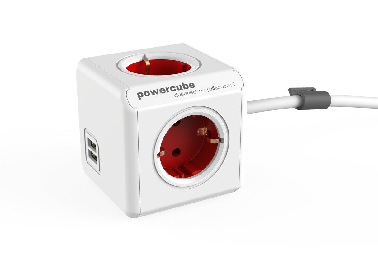 Allocacoc Powercube Extended Usb Base Múltiple 1,5 M 4 Salidas Ac Interior Rojo, Blanco