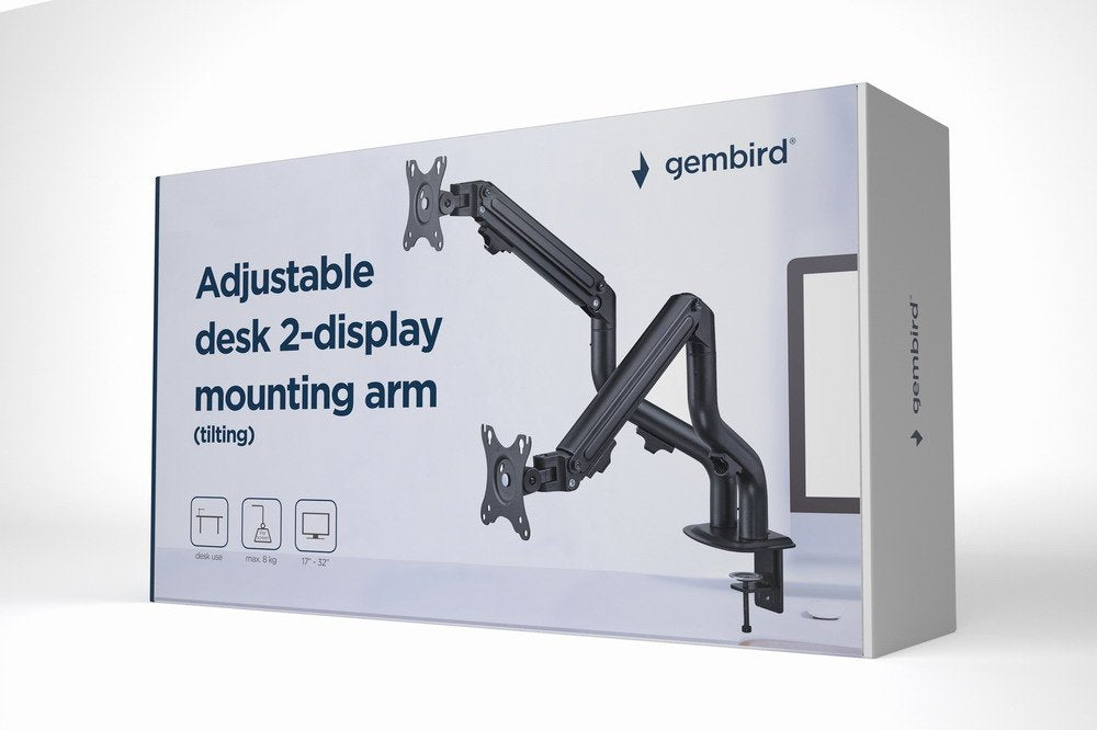 Gembird Ma-Da2-02 Adjustable Desk 2-Display Mounting Arm Tilting 17-32" Up To 8 Kg