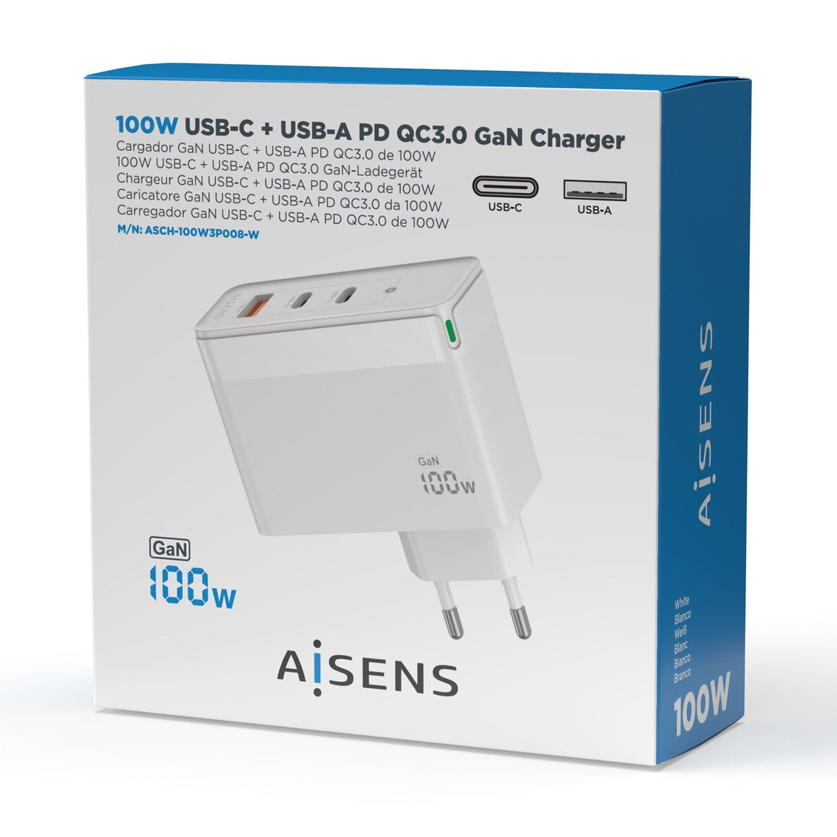 Aisens Cargador Gan 100w - 2xusb-C Pd3.0 Qc4.0 Qc5.0 - 1xusb-A Qc3.0 - Blanco