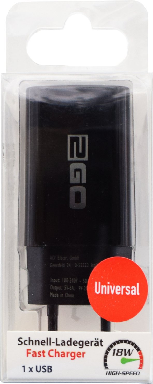 Cargador Rápido 2go 1x Universal 18w Negro
