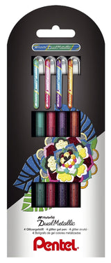 Pentel Hybrid Dual Metallic Pack De 4 Boligrafos De Bola Con Tinta Gel Brillante - Punta 1mm - Trazo 0.5mm - Colores