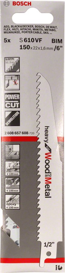 Bosch Hojas De Sierra De Sable S 610 Vf Heavy Para Madera Y Metal, Hoja De Sierra 2608657608