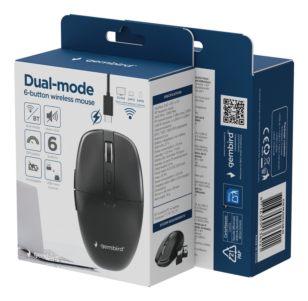 Gembird Dual-Mode 6-Button Wireless Mouse 2.4g + Bt Black