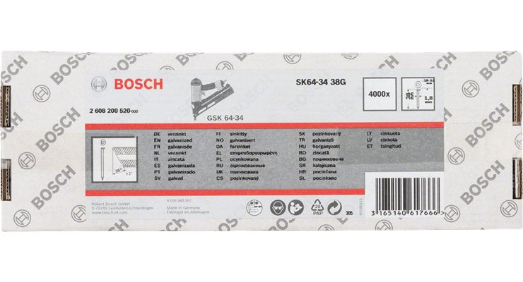 Pasadores De Cabeza Avellanada Bosch Professional Sk64-34 44g, 34° / 1,8 Mm / 15 Ga 4.000 Piezas, Para Clavadoras Inalámbricas Y Neumáticas 2608200521