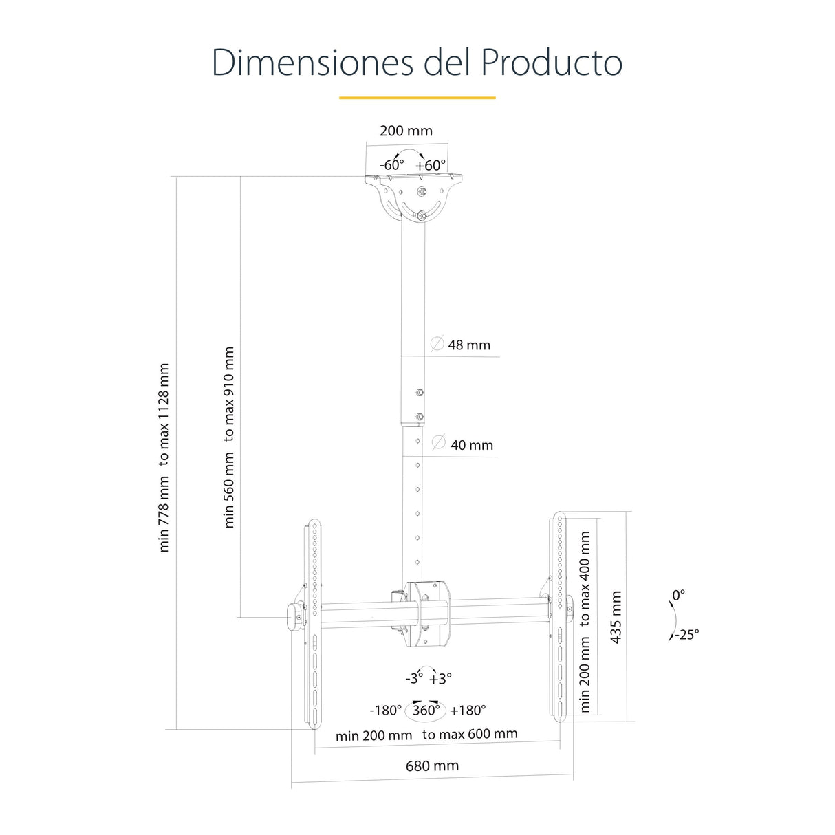 Startech.Com Base Soporte Vesa Ajustable De Montaje En Techo Para Pantallas De 37 A 70 Pulgadas - Mástil Corto