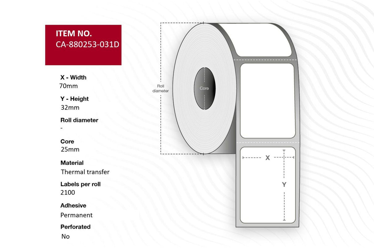 Label 70 X 32mm, Core 25mm,  Thermal Transfer, Polyester,