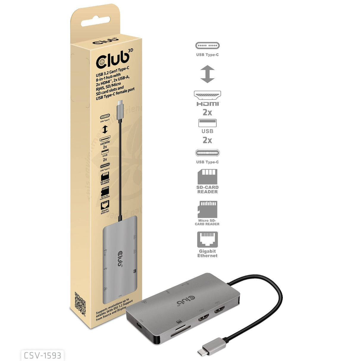 Club-3d Multistream Hub Usb 3.2 Gen1 Usb-C-> 2xhdmi, 2xusba, 1xsd, 1xmsd, 1xrj