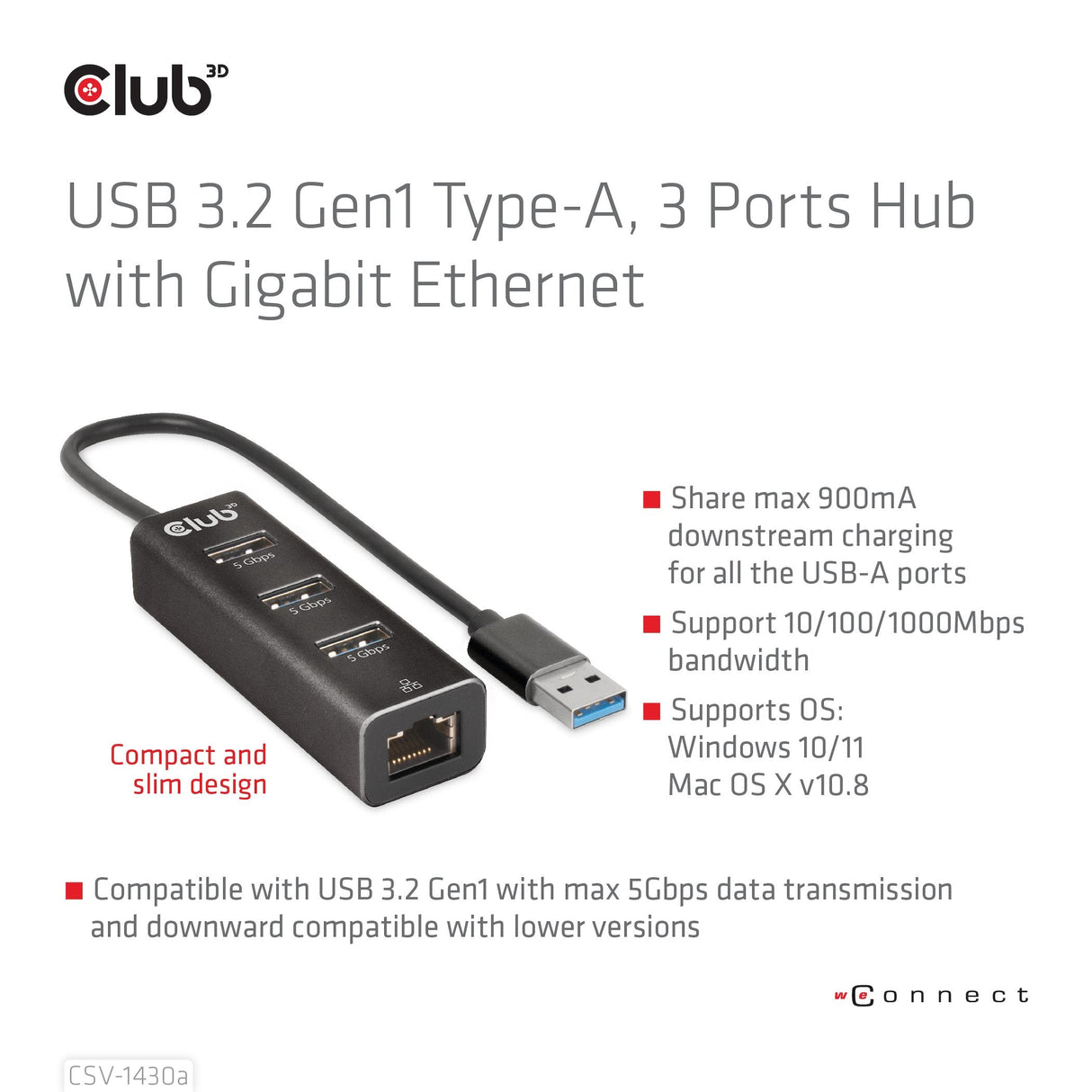 Club3d Usb 3.2 Gen1 Tipo-A, Hub De 3 Puertos Con Gigabit Ethernet