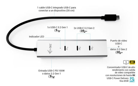EAN 8595611707346 - i-tec Metal C31HUBMETAL8KPDPRO hub de interfaz USB Tipo C 10000 Mbit/s Plata imagen 6